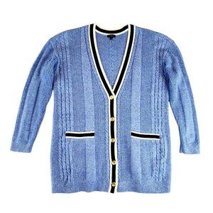Talbots Wmns Cable Knit Cardigan Sweater PETITE Lg Blue Academia Grandpa Varsity